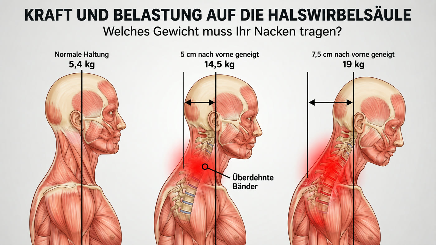 Kraft und Belastung auf die Halswirbelsäule: 5,4 kg bei normaler Haltung, 14,5 kg bei 5 cm vorgeneigtem Kopf, 19 kg bei 7,5 cm